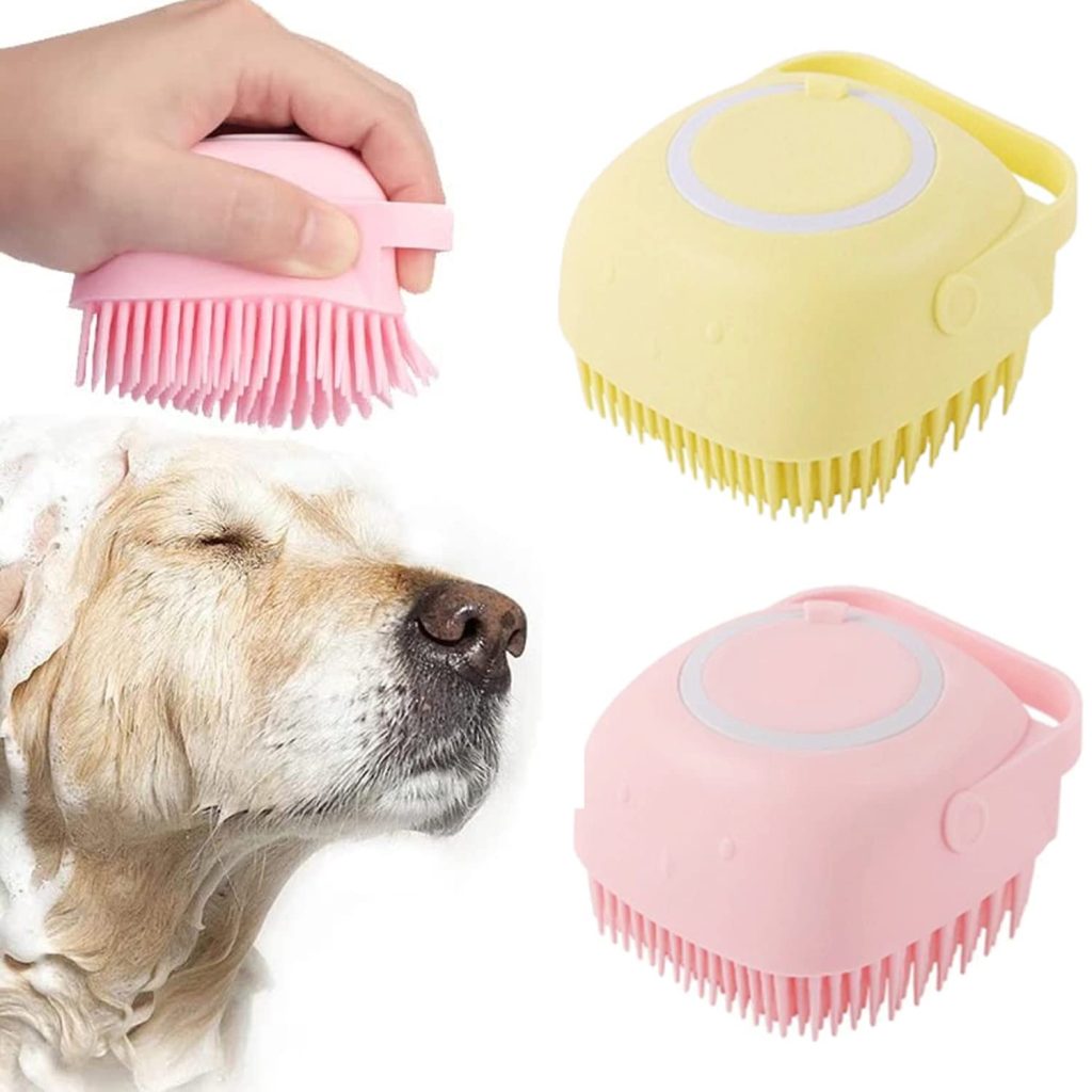 Bath Brush Scrubber Soft Silicone Pet Shower Grooming Shampoo Massage Dispenser For Short Long Haired Dogs And Cats (Blue+Pink)