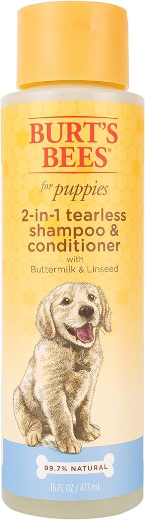 Burts Bees for Pets Puppies Natural Tearless 2 in 1 Shampoo and Conditioner | Made with Buttermilk and Linseed Oil | Best Tearless Puppy Shampoo for Gentle Skin and Coat | Made in USA, 16 Oz