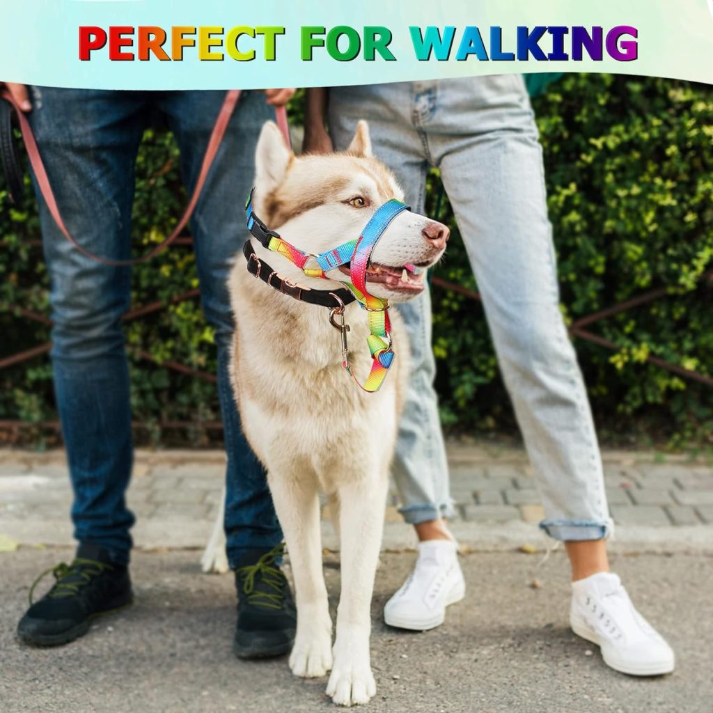 Dog Head Collar, No Pull Cute Dog Collar for Heavy Pullers, Effective Soft Dog Training Halter Stops Pulling on Leash for Walking Small Medium Large Dogs (M, Rainbow)