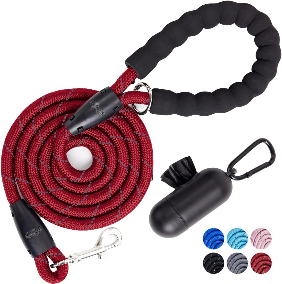 Gorilla Grip Heavy Duty Dog Leash, Soft Handle, Strong Reflective Rope for Night Pet Walking, Small Medium Large Dogs, Durable Puppy Training Leashes, Rotating Metal Clip, Waste Bag Dispenser, Red