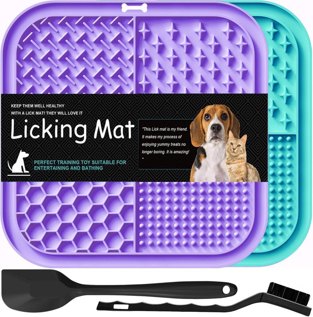 Lesipee Licking Mat for Dogs  Cats 2 Pack, Slow Feeder Lick Pat, Anxiety Relief Dog Toys Feeding Mat for Butter Yogurt Peanut, Pets Supplies Bathing Grooming Training Calming Mat (CyanPurple)