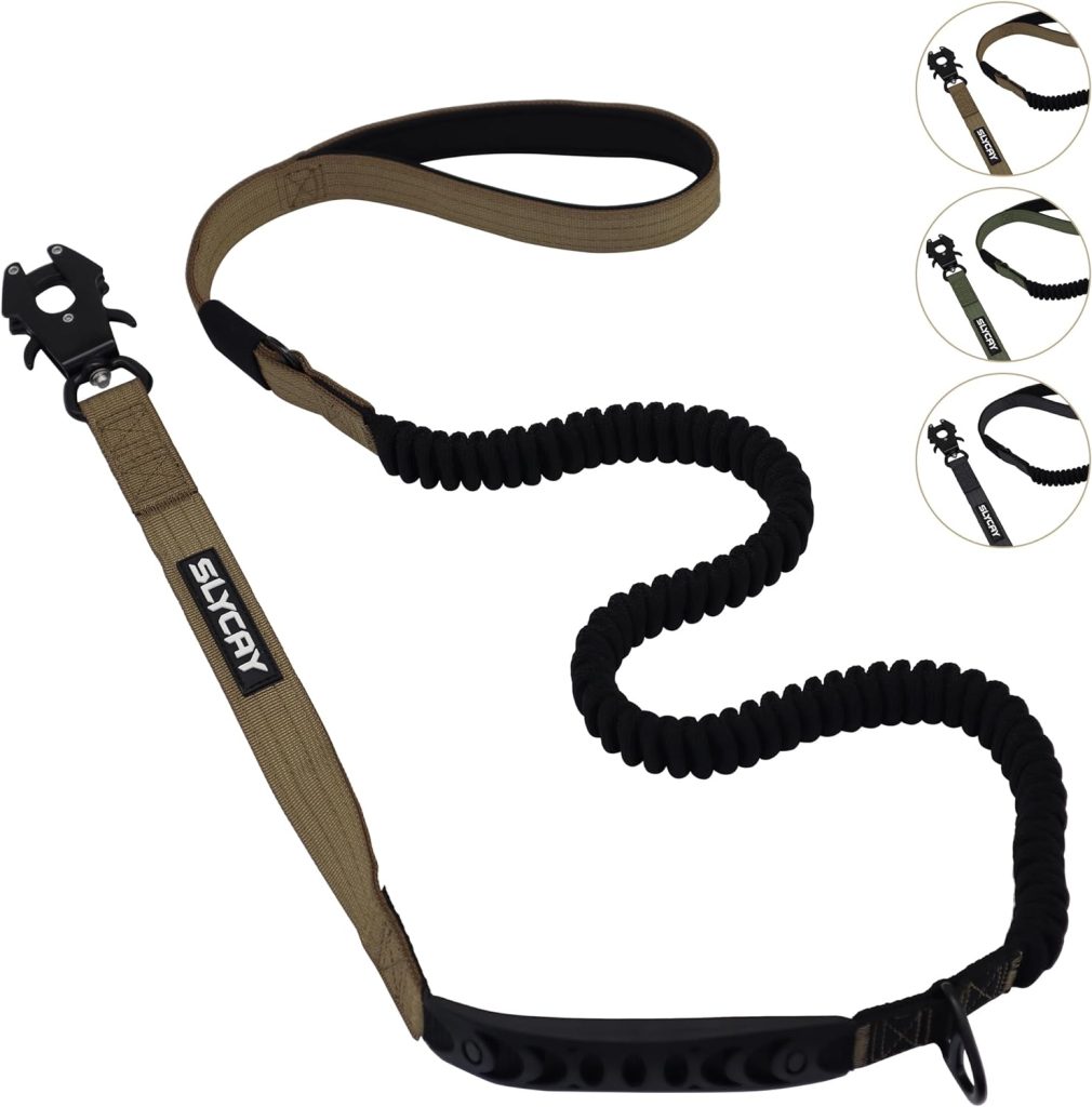 No Pull Tactical Dog Leashes for Medium Large Dogs Heavy Duty with Aluminum Frog Clip， Darkbrown 4-6FT LongStrong Dog Leash with Car Seat Belt Soft Paded Handle， Bungee Dog Leash for Big Dog