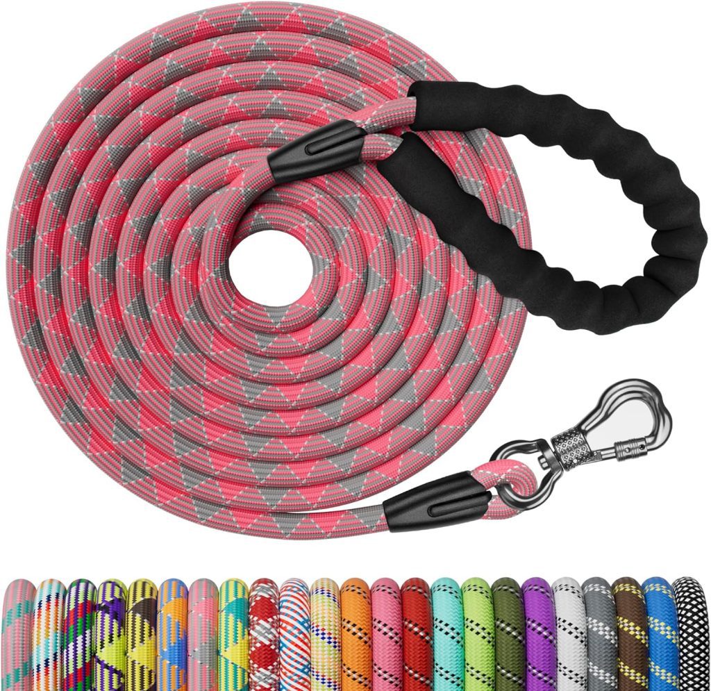 NTR 15FT Training Leash for Dogs, Pink Dog Rope Leash with Swivel Lockable Hook and Comfortable Padded Handle, Dog Lead line for Walking, Hunting, Camping, Backyard for Small Medium and Large Dogs