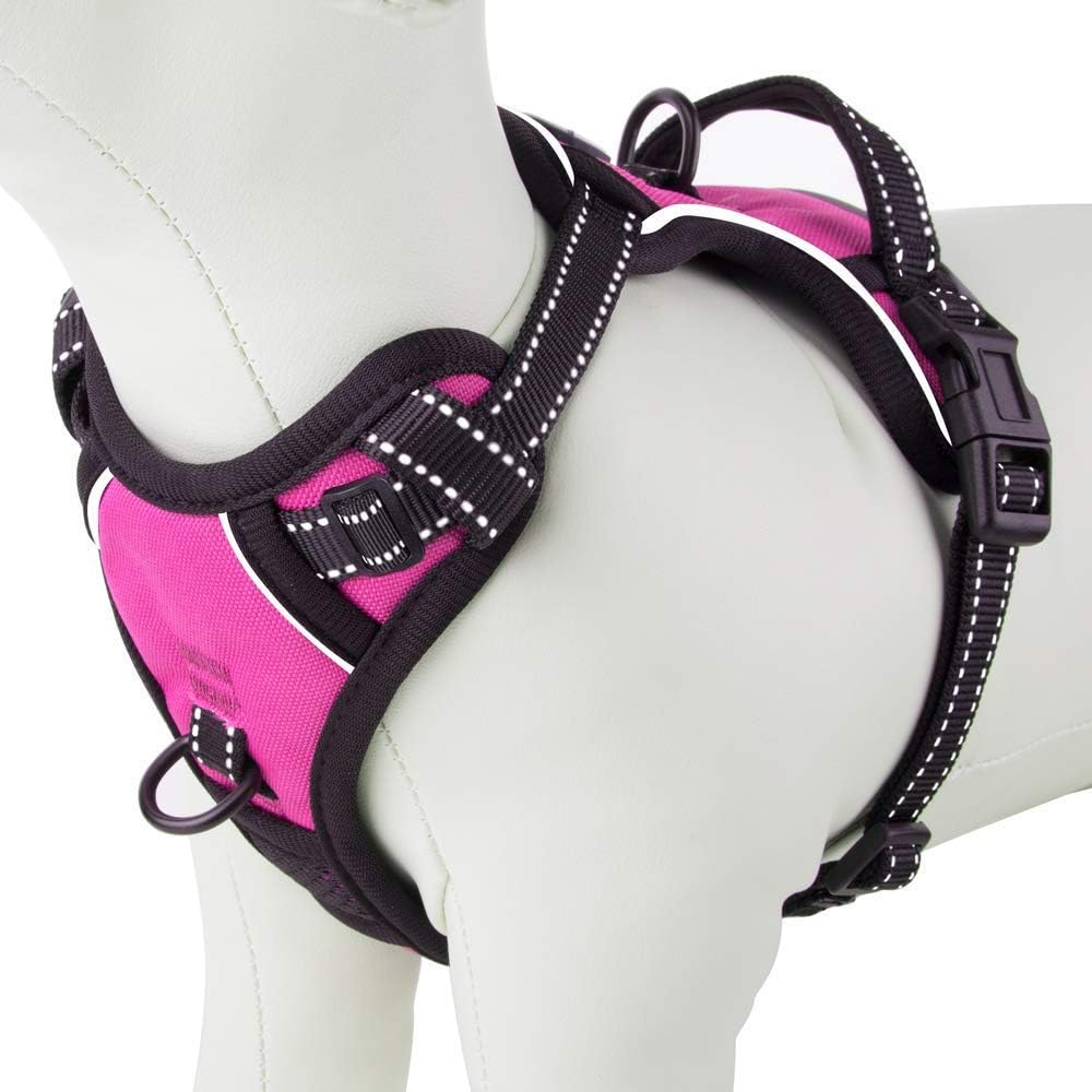 PHOEPET No Pull Dog Harness Medium Reflective Front Clip Puppy Vest with Handle, Adjustable 2 Metal Leash Attachment Hooks(M, Pink)