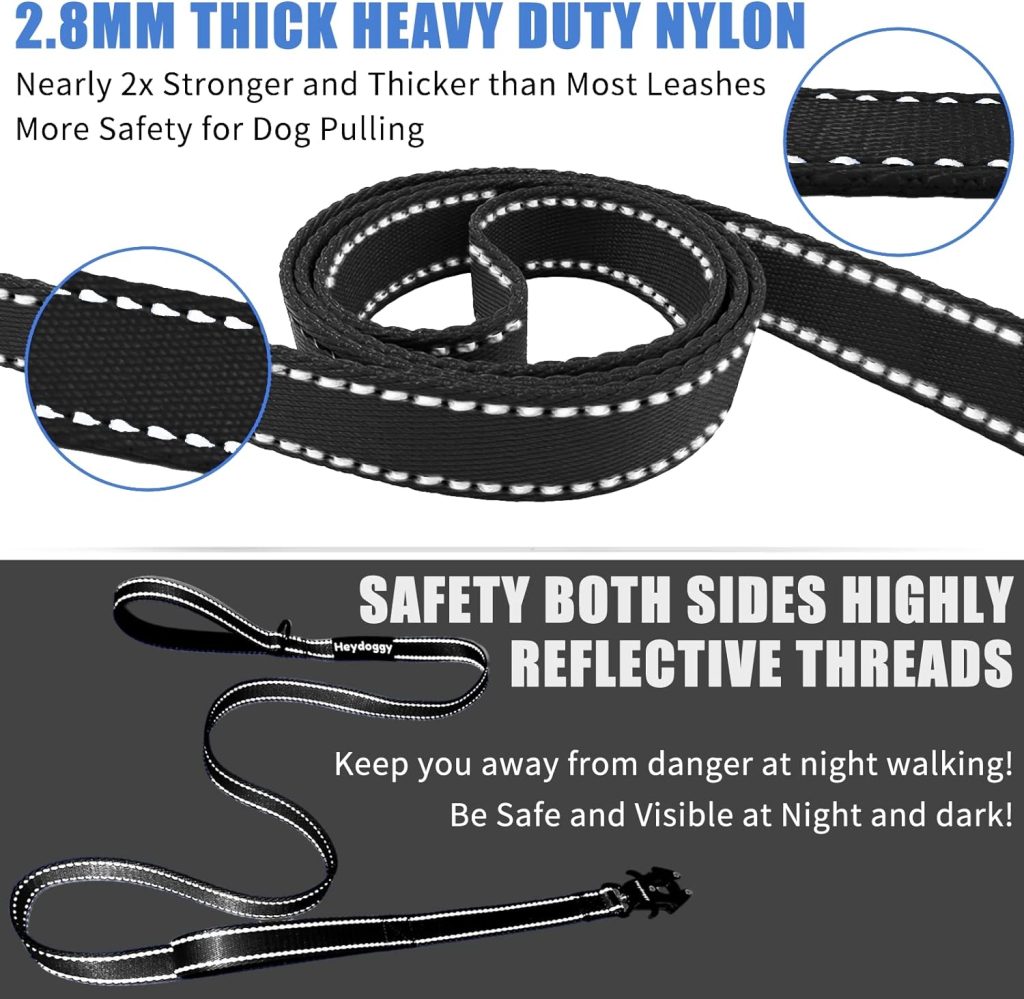 Strong Heavy Duty Dog Leash - 6ft Reflective Nylon Training Leash with Soft Padded Double Handle  Auto Lock Frog Clip - Safety Traffic Control for Large Medium Small Dogs No Pull Walk Black Blue,6ft
