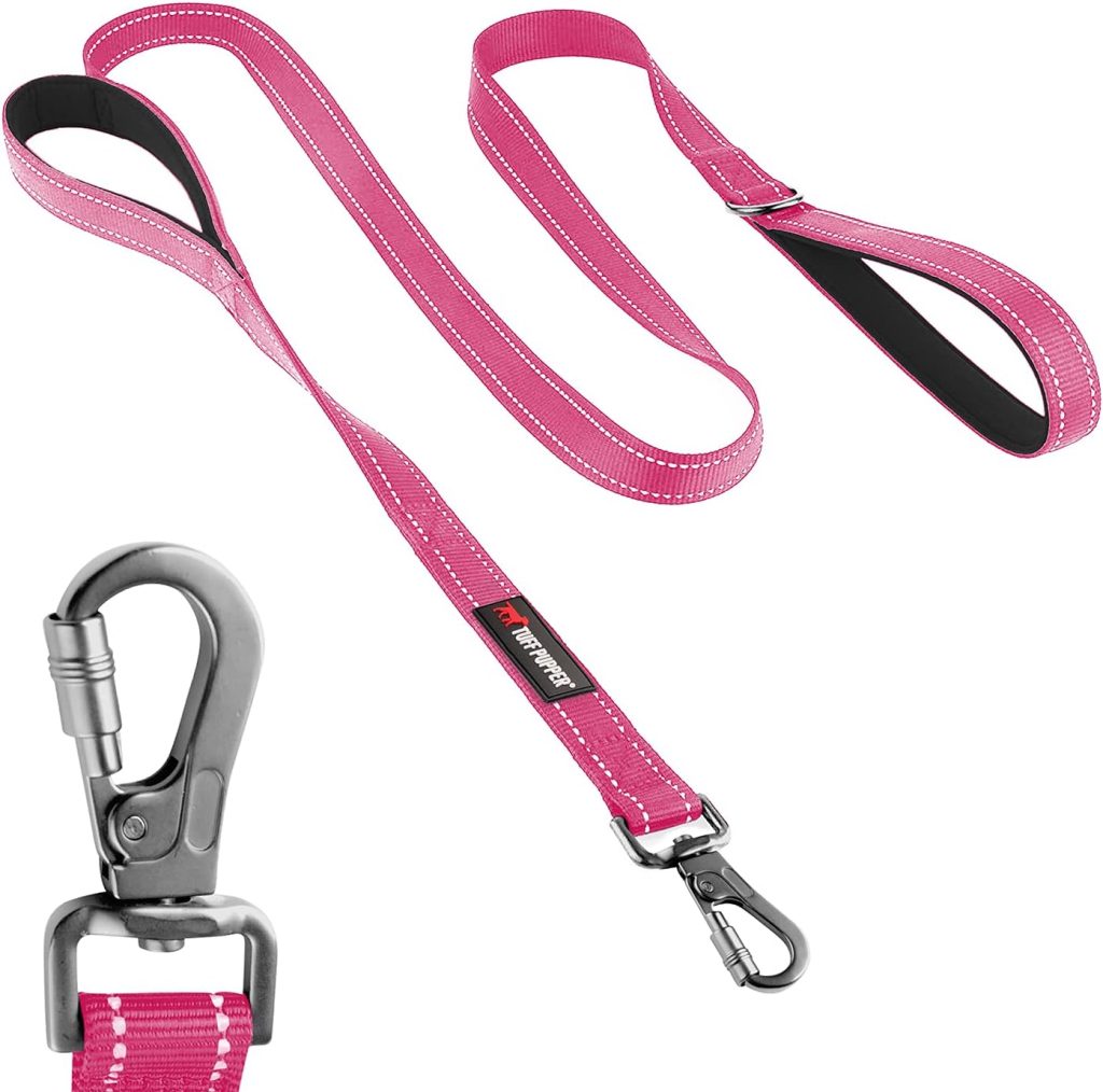 Tuff Pupper Heavy Duty Double Handle Dog Leash | Twist Locking Carabiner Dog Clip | Safety Lock Leash To Hold Strong Dogs | Reflective For Safe Night Walks | 6 Foot Dog Leash | For Medium  Large Dogs