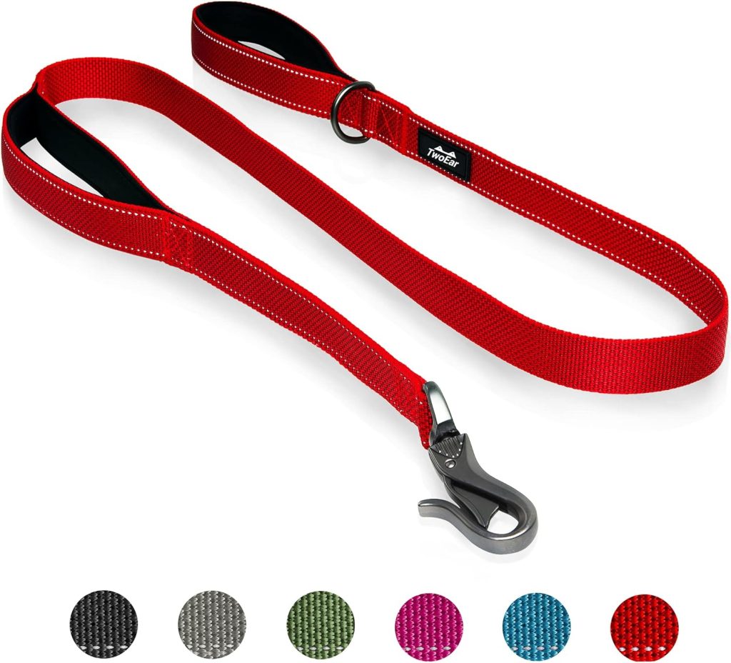 TwoEar 5FT 1IN Strong Red Dog Leash with 2 Padded Handles, Traffic Handle Extra Control, Comfortable Soft Dual Handle, Auto Lock Hook, Reflective Walking Lead for Small Medium and Large Dogs