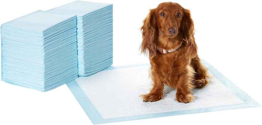 Amazon Basics Dog and Puppy Pee Pads with Leak-Proof Quick-Dry Design for Potty Training, Standard Absorbency, Regular Size, 22 x 22 Inches, Pack of 100, Blue  White