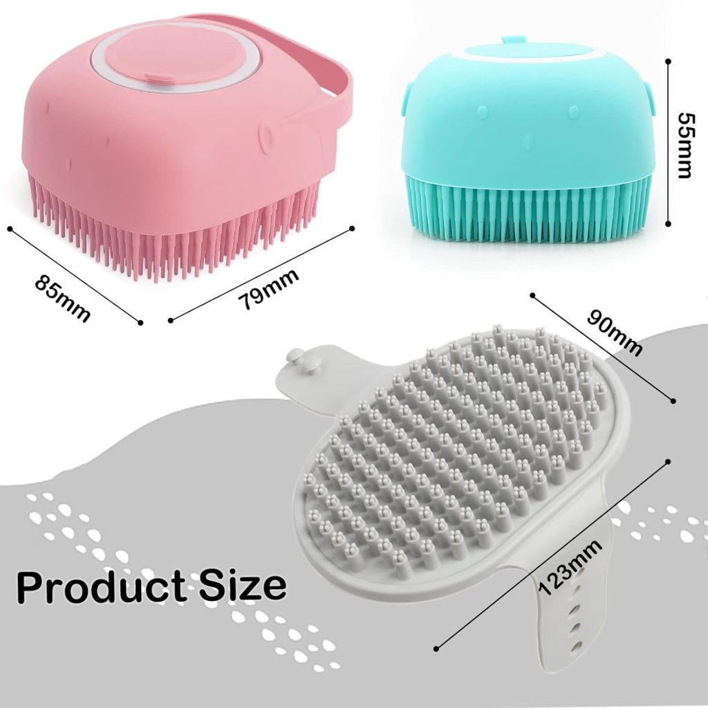 ELEGX Pet Grooming Bath Massage Brush with Soap and Shampoo Dispenser Soft Silicone Bristle for Long Short Haired Dogs Cats Shower (Pink)