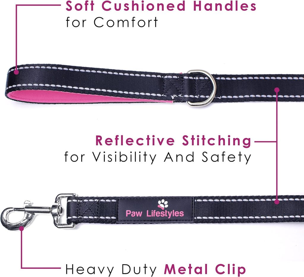 Heavy Duty Dog Leash - 2 Handles - Padded Traffic Handle For Extra Control, 7ft Long - Perfect Leashes For Medium to Large Dogs (Black and Magenta)