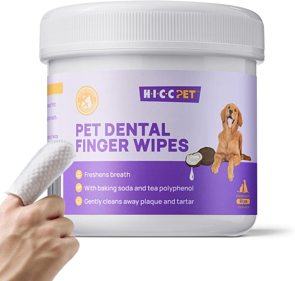 HICC PET Teeth Cleaning Wipes for Dogs  Cats, Remove Bad Breath by Removing Plaque and Tartar Buildup No-Rinse Dog Finger Toothbrush, Disposable Gentle Cleaning  Gum Care Pet Wipes, 50 Counts