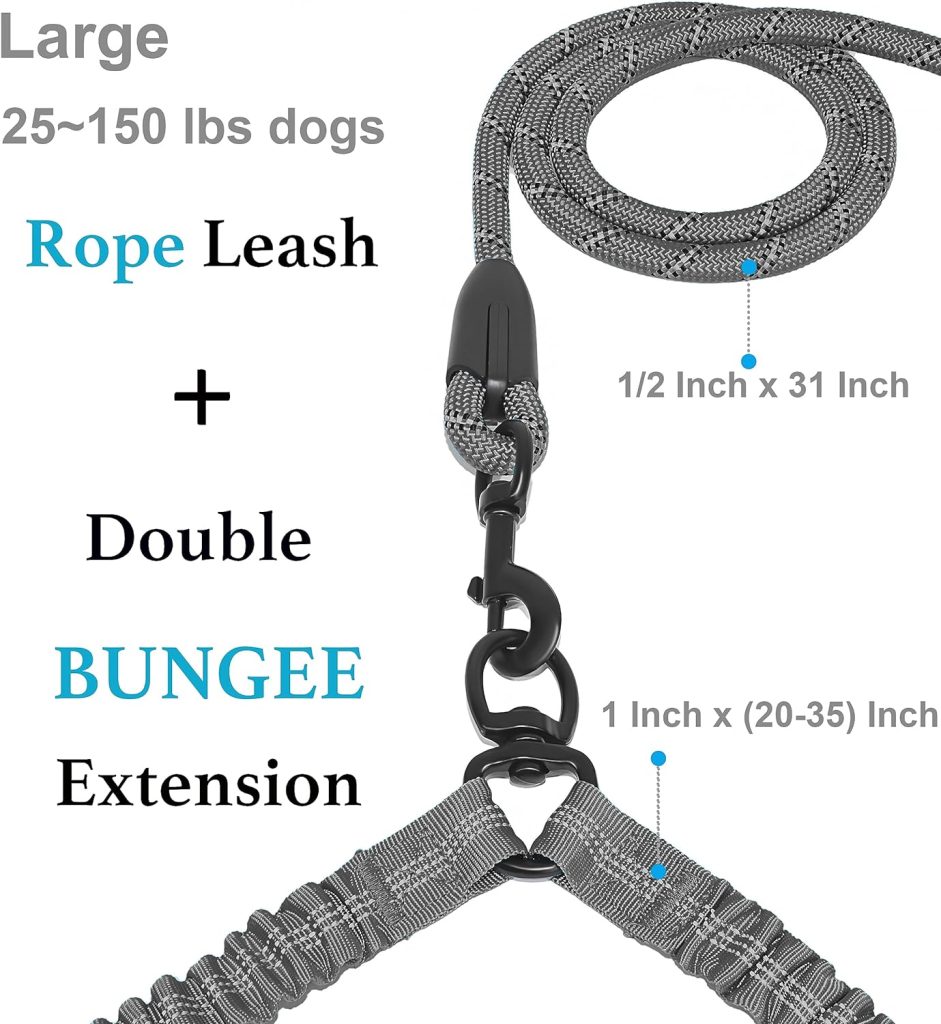 iYoShop Dual Dog Leash, Double Dog Leash, 360 Swivel No Tangle Walking Leash, Shock Absorbing Bungee for Two Dogs, Black, Large (25-150 lbs)