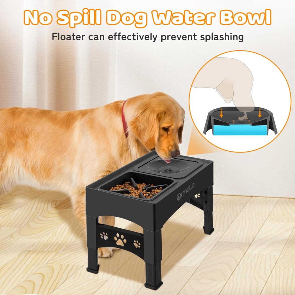 Ormalla Elevated Slow Feeder Bowls, Adjustable Raised No Spill Water Bowl, Non-Slip Food Bowl Stand for Large Medium Small Dogs, 4 Heights Black