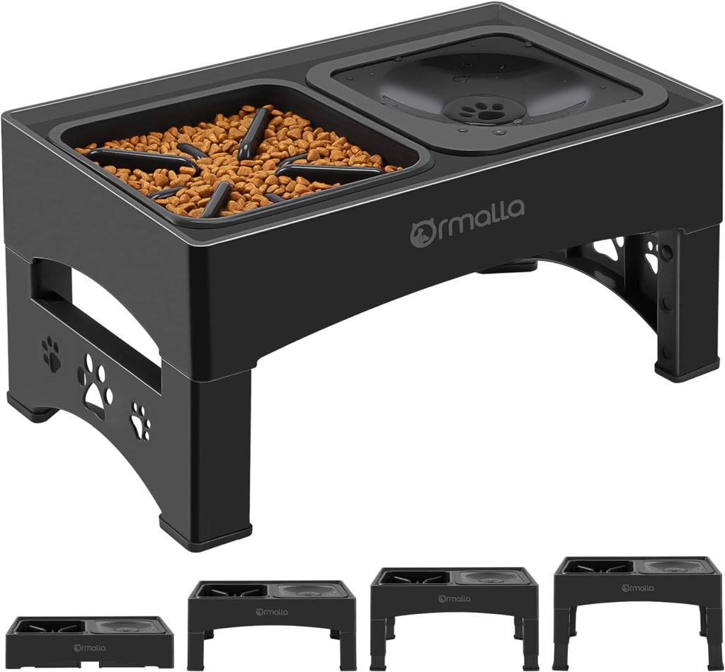 Ormalla Elevated Slow Feeder Bowls, Adjustable Raised No Spill Water Bowl, Non-Slip Food Bowl Stand for Large Medium Small Dogs, 4 Heights Black