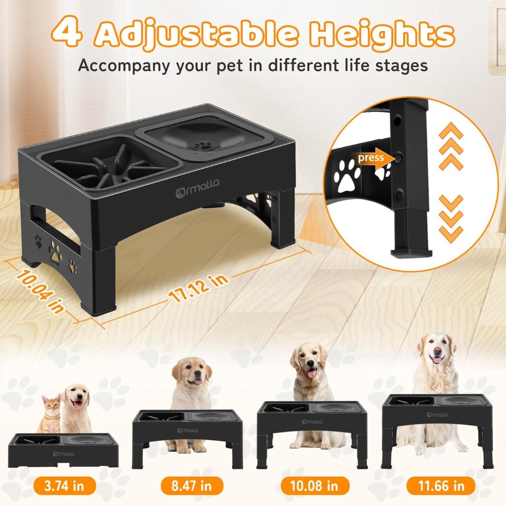 Ormalla Elevated Slow Feeder Bowls, Adjustable Raised No Spill Water Bowl, Non-Slip Food Bowl Stand for Large Medium Small Dogs, 4 Heights Black