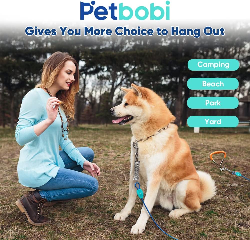 Petbobi Dog Tie Out Cable and Stake - 40FT Heavy Duty Cable with Spring, No Tangle, 16 in Ground Stake for Yard, Camping and Beach, Suitable for Medium Large Dogs Up to 120 lbs, Blue