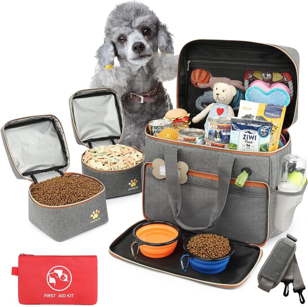 Pmpete Dog Travel Bag for Traveling| Week Away/Overnight Dog Travel Accessories with Multi-Function Pockets|Pet Travel Set for Dog and Cat|Ideal Dog Diaper Bag and Dog Travel Kit(Grey)