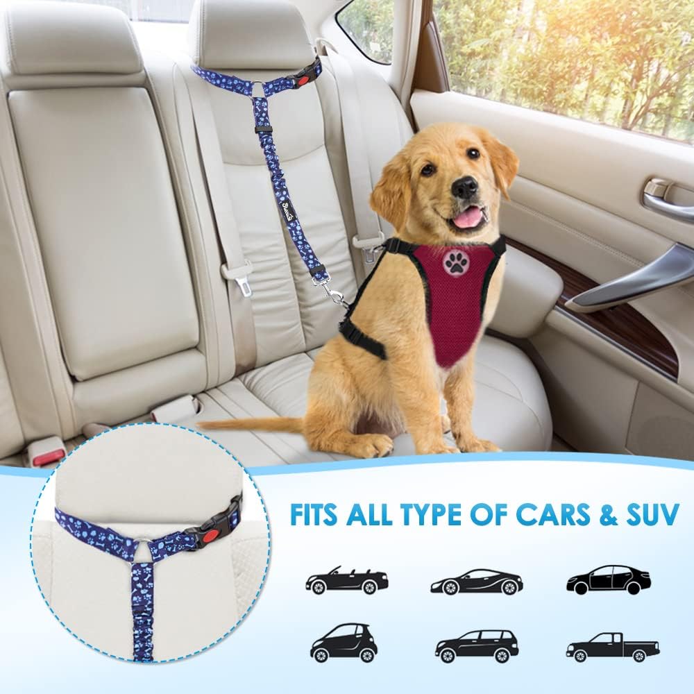 SlowTon Dog Car Seat Belt, 2 Pack Pet Car Seatbelt Adjustable Reflective Dog Cat Safety Seat Belt Strap Car Headrest Restraint Seat Belt for Dogs with Elastic Bungee Buffer (Blue)