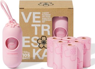 VETRESKA Dog Poop Bag Dispenser Review vetreska dog poop bag dispenser with cherry blossom scented bags leak proof extra thick waste 1 count holder and 105 bag
