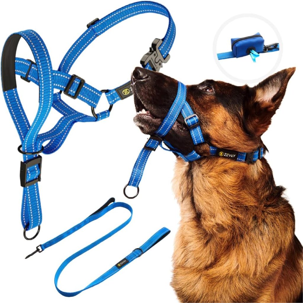 Zevey Dog Headcollar with Leash and Safety Strap Stops Heavy Pulling On The Leash Padded Reflective Head Halter for Small Medium Large Dogs Adjustable Head Harness for Training and Walking (L, Blue)