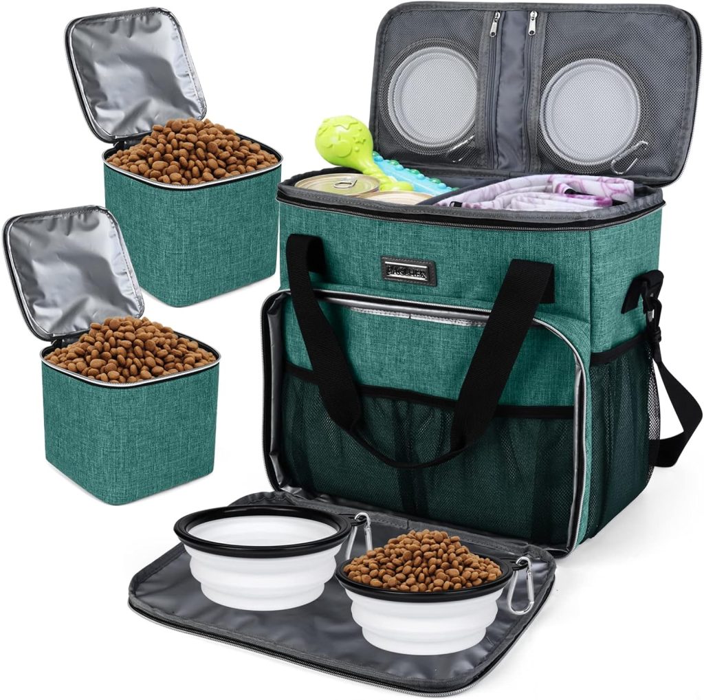 BAGLHER Dog Travel Bag, Pet Travel Bag (All Pet Travel Supplies), with 2 Pet Food Containers and 2 Collapsible Silicone Bowls; Essential Kits for Pet Travel Green