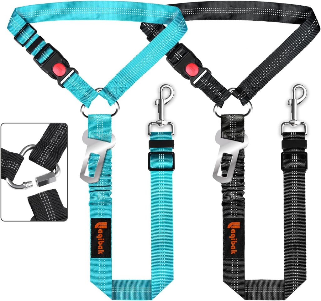Removable Dog Seat Belt Harness for Car, 3 in 1 Pet Dog Car Seatbelt Leash, Retractable Restraint Secures to Vehicle Headrest  Adjustable Reflective Bungee Dog Seatbelt Tether with Poop Bag Holder