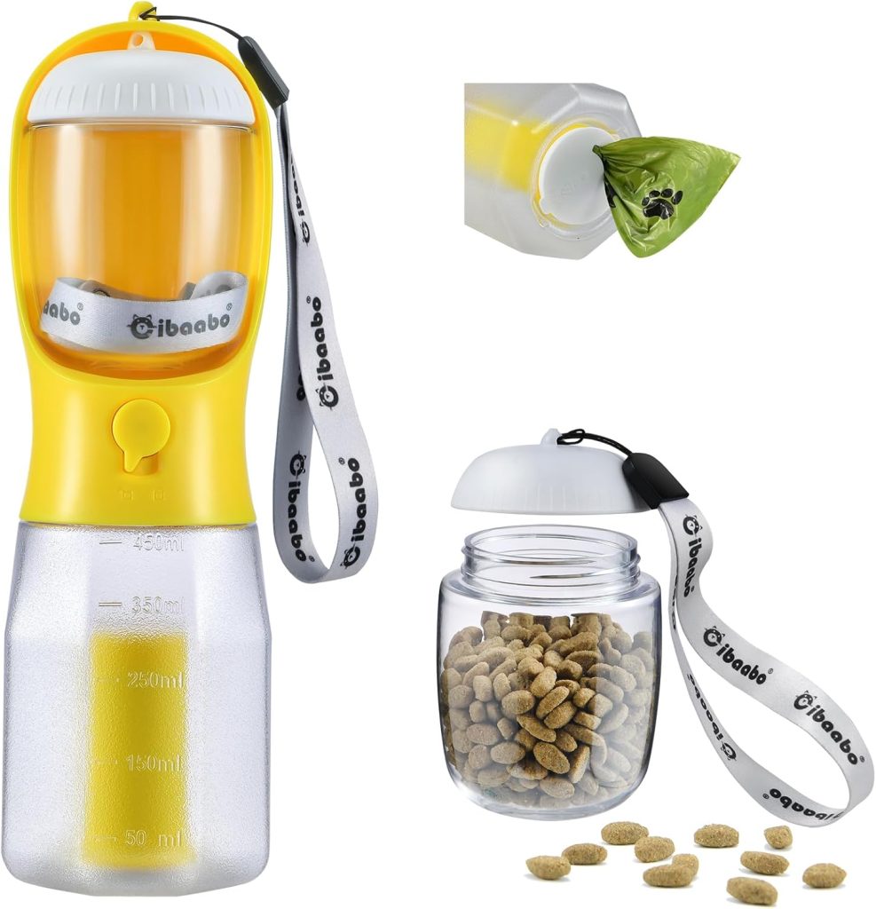 Dog Water Bottle with Food Container  Poop Bag Holder, Travel Water Bowl, Portable Pet Dispenser, Dog Stuff Accessories Items, Puppy Essentials Necessities for Yorkie Chihuahua Walking Hiking