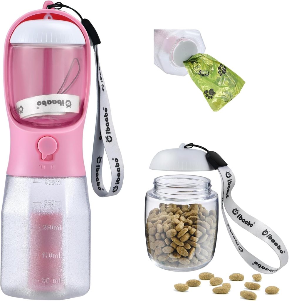 Dog Water Bottle with Food Container  Poop Bag Holder, Travel Water Bowl, Portable Pet Dispenser, Dog Stuff Accessories Items, Puppy Essentials Necessities for Yorkie Chihuahua Walking Hiking