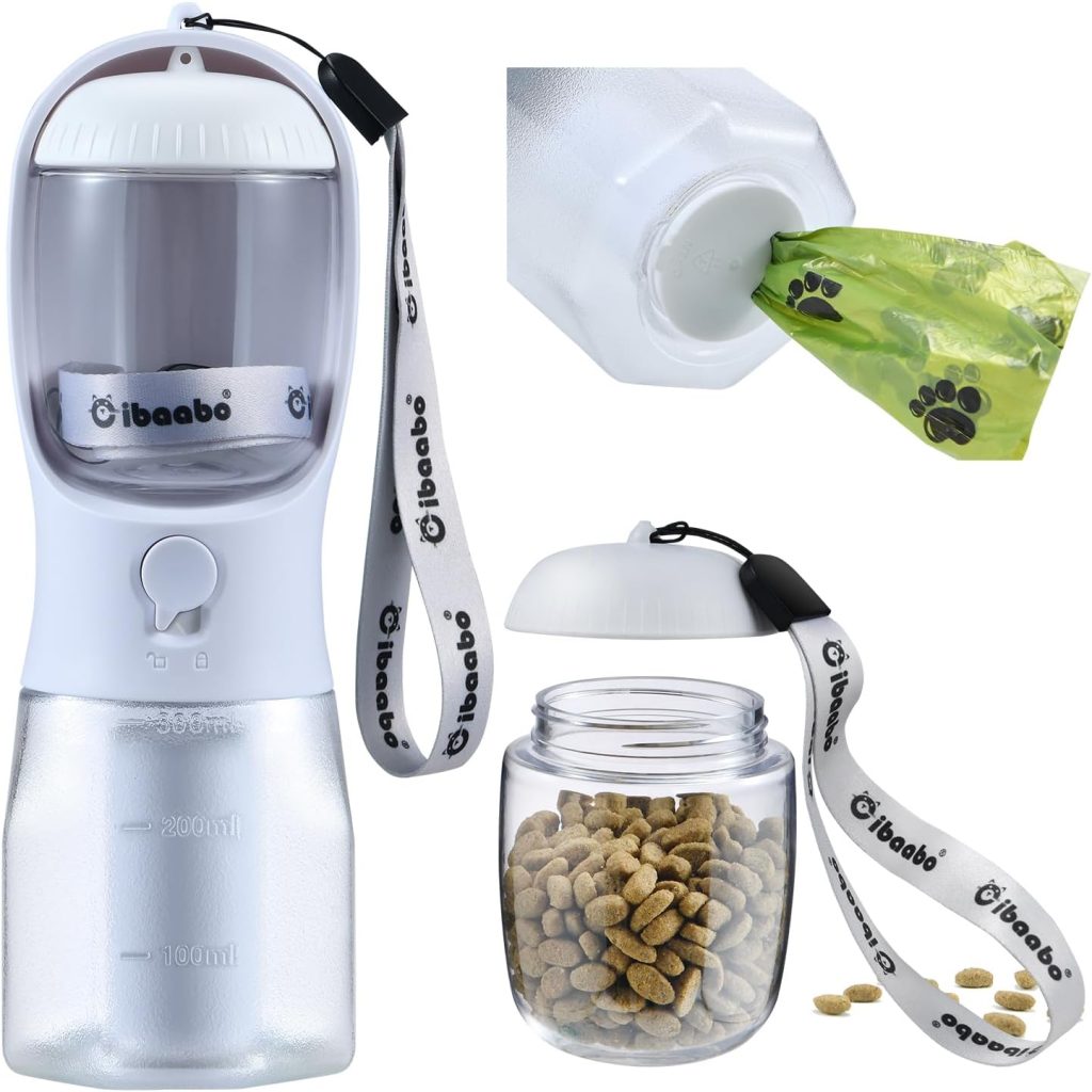 Dog Water Bottle with Food Container  Poop Bag Holder, Travel Water Bowl, Portable Pet Dispenser, Dog Stuff Accessories Items, Puppy Essentials Necessities for Yorkie Chihuahua Walking Hiking