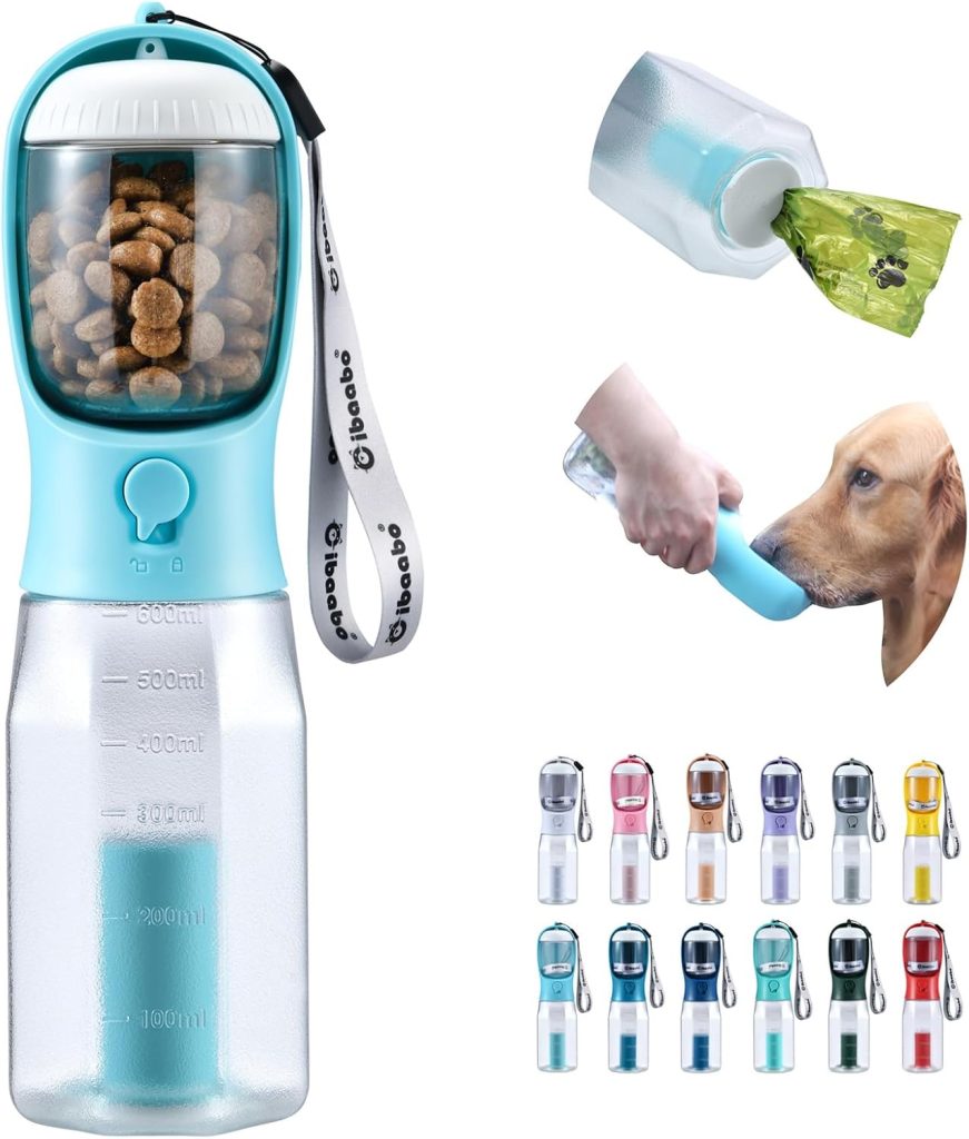 Dog Water Bottle with Food Container  Poop Bag Holder, Travel Water Bowl, Portable Pet Dispenser, Dog Stuff Accessories Items, Puppy Essentials Necessities for Yorkie Chihuahua Walking Hiking