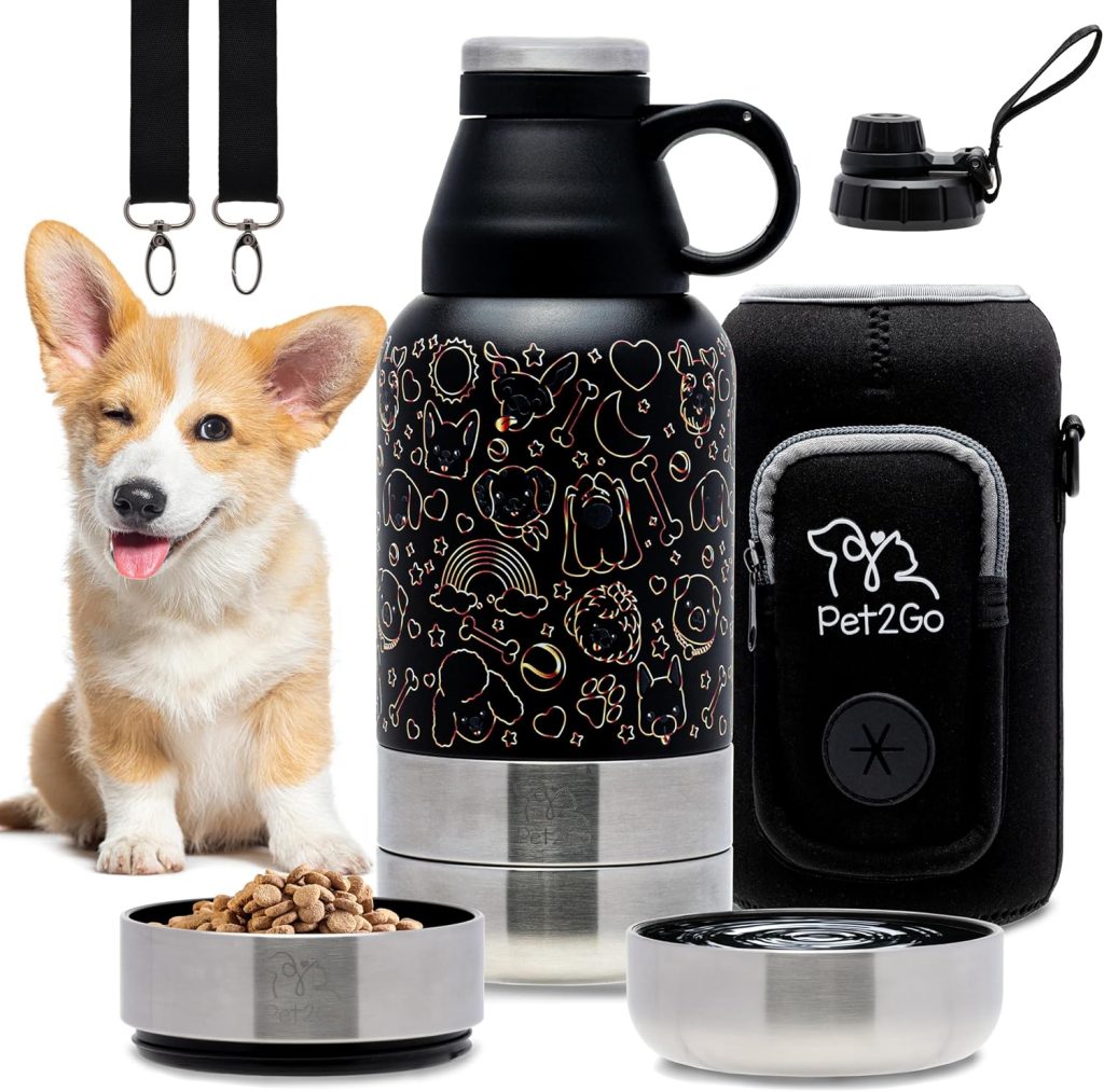 Dog Travel Water Bottle (32oz) with Treat Holder Detachable Bowls | Insulated, Portable Stainless Steel Water Dispenser for Pets | Dog Walking Accessory | Outdoor Doggie Beach Gear (Blue) Dog Travel Water Bottle (32oz) with Treat Holder Detachable Bowls | Insulated, Portable Stainless Steel Water Dispenser for Pets | Dog Walking Accessory | Outdoor Doggie Beach Gear (Blue)