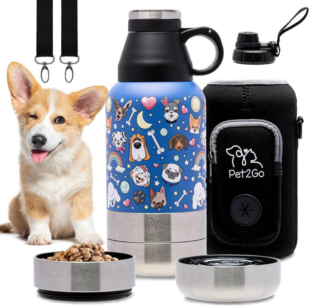 Dog Travel Water Bottle (32oz) with Treat Holder Detachable Bowls | Insulated, Portable Stainless Steel Water Dispenser for Pets | Dog Walking Accessory | Outdoor Doggie Beach Gear (Blue) Dog Travel Water Bottle (32oz) with Treat Holder Detachable Bowls | Insulated, Portable Stainless Steel Water Dispenser for Pets | Dog Walking Accessory | Outdoor Doggie Beach Gear (Blue)