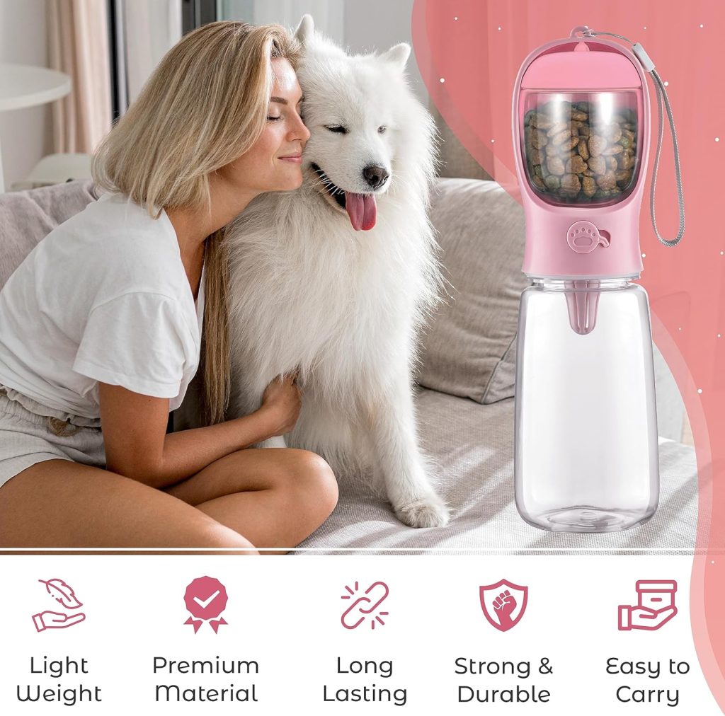 Suhsai Dog Water Bottle with Food Container 19 OZ Portable Pet Water Bottles for Puppy Small Medium Large Dogs | Pet Accessories | Dog Food and Water Dispenser | Dog Camping Essentials (Pink) Suhsai Dog Water Bottle with Food Container 19 OZ Portable Pet Water Bottles for Puppy Small Medium Large Dogs | Pet Accessories | Dog Food and Water Dispenser | Dog Camping Essentials (Pink)