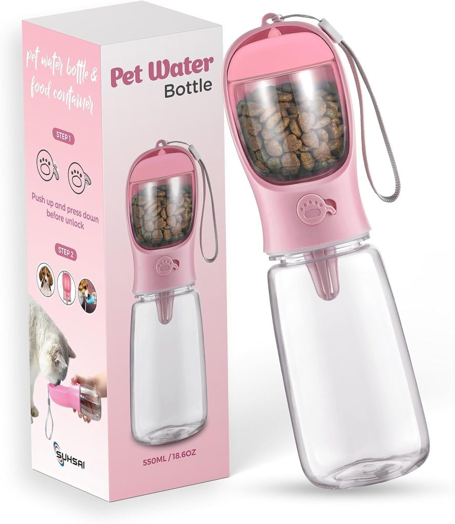 Suhsai Dog Water Bottle with Food Container 19 OZ Portable Pet Water Bottles for Puppy Small Medium Large Dogs | Pet Accessories | Dog Food and Water Dispenser | Dog Camping Essentials (Pink) Suhsai Dog Water Bottle with Food Container 19 OZ Portable Pet Water Bottles for Puppy Small Medium Large Dogs | Pet Accessories | Dog Food and Water Dispenser | Dog Camping Essentials (Pink)