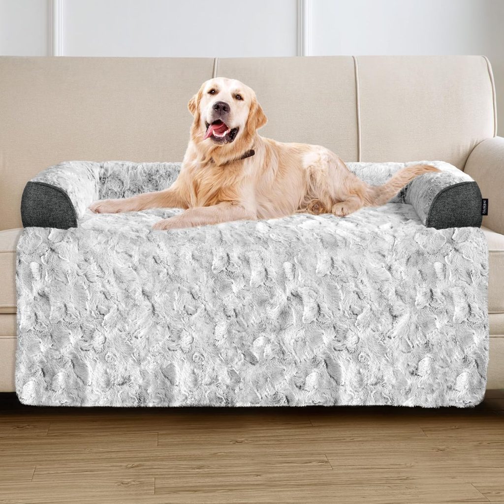 Calming Small Dog Bed for Couch, 35 x 31 inch Removable Couch Cover for Dogs Washable, Non-Slip Fluffy Plush Dog Sofa Mat for Furniture Protector - Grey Calming Small Dog Bed for Couch, 35 x 31 inch Removable Couch Cover for Dogs Washable, Non-Slip Fluffy Plush Dog Sofa Mat for Furniture Protector - Grey
