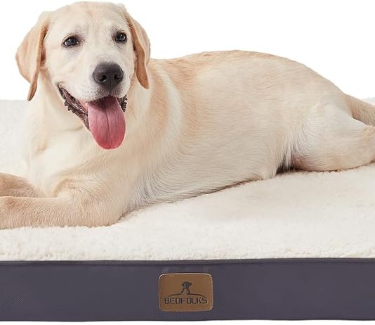 Bedfolks Orthopedic Dog Bed for Extra Large Dogs – Egg Foam Dog Crate Bed with Removable Waterproof Cover, Pet Bed Mat Suitable for Dogs and Pets Up to 100 lbs (44 x 32 x 3.5 inches, Grey)