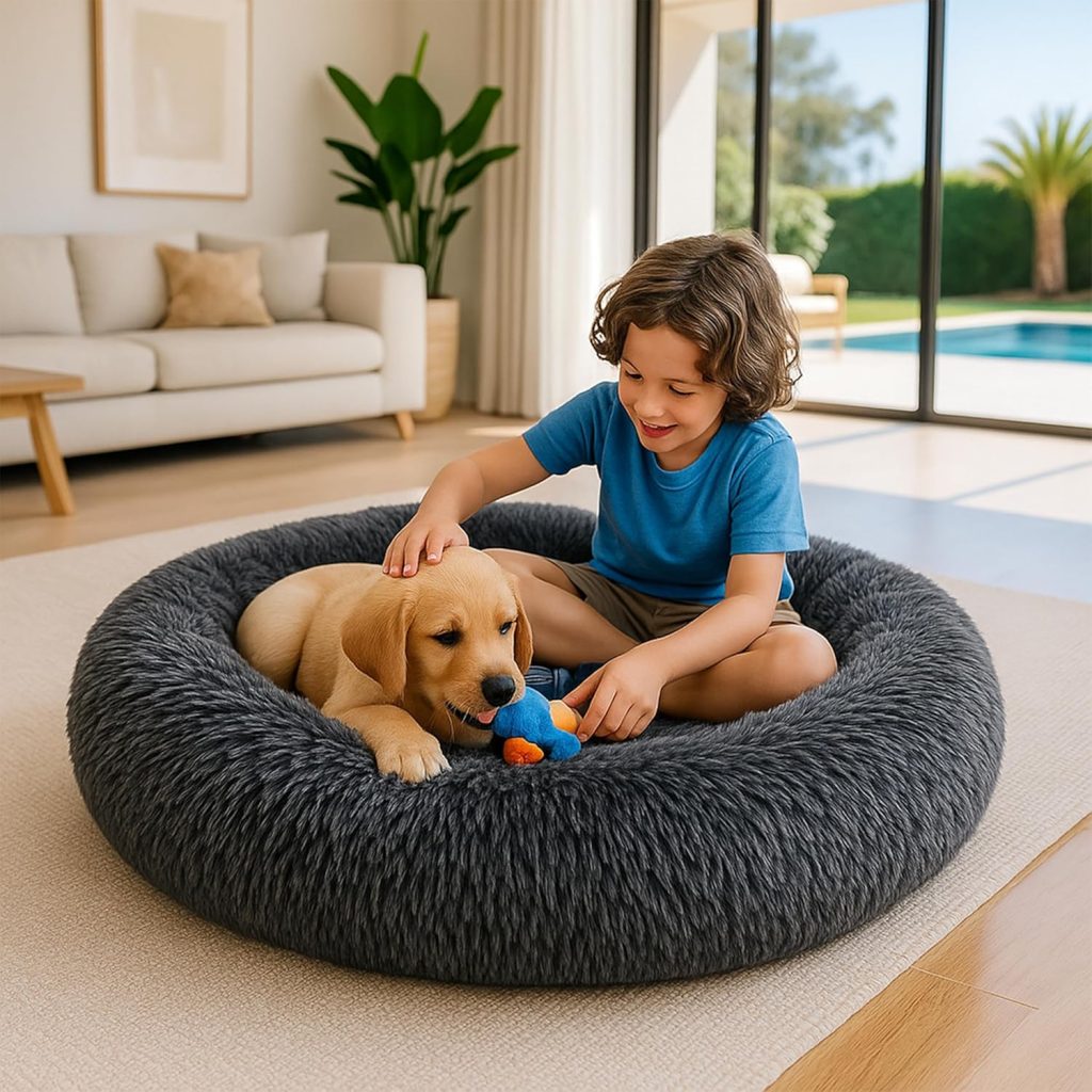 Calming Dog Bed - Fluffy Donut Cuddler for Anxiety Relief, Orthopedic Pet Bed with Non-Slip Bottom, Cozy Round Faux Fur Nest for Dogs and Cats, Plush Crate Mat for Comfort (Dark Grey, X-Large) Calming Dog Bed - Fluffy Donut Cuddler for Anxiety Relief, Orthopedic Pet Bed with Non-Slip Bottom, Cozy Round Faux Fur Nest for Dogs and Cats, Plush Crate Mat for Comfort (Dark Grey, X-Large)