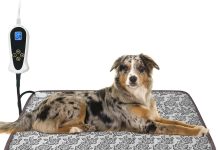 Large Dog Heating Pad for Dogs, Pet Heating Pad Electric, Waterproof, Heated Dog Bed with Timer, with Smart Thermostat Switch, Add Wire Rope with Blue Fabric Cover (Rose, 34×21 in)