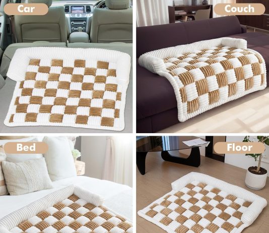 LiveGo Fuzzy Pet Couch Covers for Sofa, Dog Couch Cover Fuzzy Sofa Cover Cream Square Plaid Dog Bed Plush Dog Mat for Furniture Protector for Large Medium Dogs and Cats