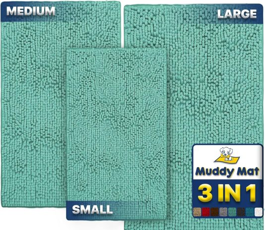 Muddy Mat® Pack of 3 Highly Absorbent Microfiber Dog Door Mat and Pet Rug, Non Slip Thick Washable Area Mat Soft Chenille for Kitchen Bathroom Bedroom and Outdoor – Sea Green Small, Medium & Large