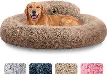 PetJett Dog Beds Large Sized Dog – 36” Calming Round Bed, Washable Dog Bed – Anti-Slip Super Soft Donut Bed, Fluffy Faux Fur Anti-Anxiety Premium Comfort Pet Bed, Fits Dogs up to 80 lbs – Bright Grey