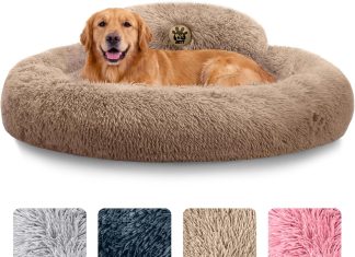 PetJett Dog Beds Large Sized Dog – 36” Calming Round Bed, Washable Dog Bed – Anti-Slip Super Soft Donut Bed, Fluffy Faux Fur Anti-Anxiety Premium Comfort Pet Bed, Fits Dogs up to 80 lbs – Bright Grey Home |