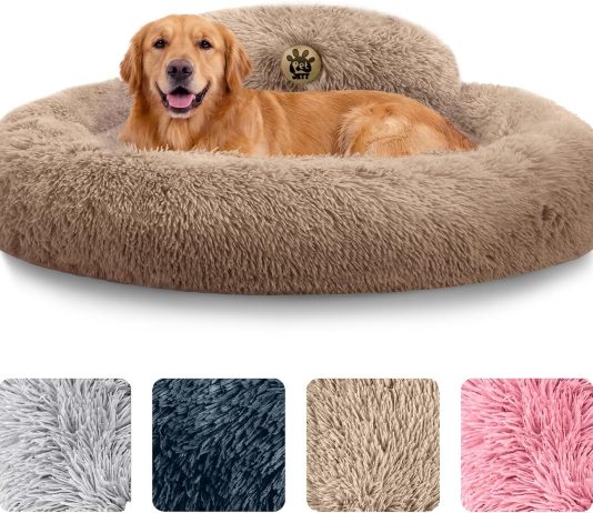 PetJett Dog Beds Large Sized Dog – 36” Calming Round Bed, Washable Dog Bed – Anti-Slip Super Soft Donut Bed, Fluffy Faux Fur Anti-Anxiety Premium Comfort Pet Bed, Fits Dogs up to 80 lbs – Bright Grey