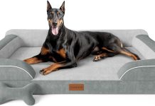 CWAWZ XXL Dog Bed for Extra Large Dogs, Giant Orthopedic Dog Bed with Cooling Gel Memory Foam, Waterproof Pet Bed with Removable Washable Cover, 53″ Pet Sofa bed Dutch Velvet with Bone Toy, Light Gray
