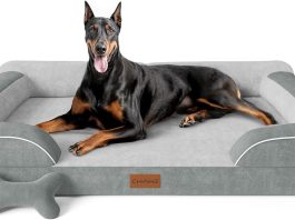 CWAWZ XXL Dog Bed for Extra Large Dogs, Giant Orthopedic Dog Bed with Cooling Gel Memory Foam, Waterproof Pet Bed with Removable Washable Cover, 53″ Pet Sofa bed Dutch Velvet with Bone Toy, Light Gray