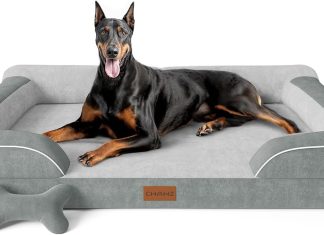 CWAWZ XXL Dog Bed for Extra Large Dogs, Giant Orthopedic Dog Bed with Cooling Gel Memory Foam, Waterproof Pet Bed with Removable Washable Cover, 53″ Pet Sofa bed Dutch Velvet with Bone Toy, Light Gray Home |
